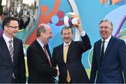 24 November 2016; An Taoiseach Enda Kenny T.D with Minister of State for Tourism & Sport Patrick O’Donovan T.D, Minister for Transport, Tourism & Sport Shane Ross T.D and FAI CEO John Delaney at the UEFA EURO 2020 Host City Logo launch – Dublin at CHQ Building in North Wall Quay, Dublin. Photo by David Maher/Sportsfile