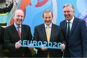 24 November 2016; Pictured left to right Minister for Transport, Tourism & Sport Shane Ross T.D, An Taoiseach Enda Kenny T.D and FAI CEO John Delaney at the launchthe UEFA EURO 2020 Host City Logo Launch – Dublin at CHQ Building in North Wall Quay, Dublin. Photo by David Maher/Sportsfile