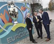 24 November 2016; Pictured left to right, UEFA Executive Committee member Frantisek Laurinec, An Taoiseach Enda Kenny T.D and FAI CEO John Delaney at the launch of the UEFA EURO 2020 Host City Logo Launch – Dublin at CHQ Building in North Wall Quay, Dublin. Photo by David Maher/Sportsfile