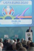24 November 2016; An Taoiseach Enda Kenny T.D speaking  at the launch of the UEFA EURO 2020 Host City Logo Launch – Dublin at CHQ Building in North Wall Quay, Dublin. Photo by David Maher/Sportsfile