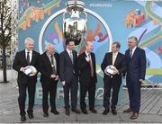24 November 2016; Pictured left to right, UEFA Executive Committee member Frantisek Laurinec, Deputy Lord Mayor of Dublin City, Councillor Dermot Lacey, Minister of State for Tourism & Sport Patrick O’Donovan T.D, Minister for Transport, Tourism & Sport Shane Ross T.D, An Taoiseach Enda Kenny T.D and FAI CEO John Delaney at the UEFA EURO 2020 Host City Logo Launch – Dublin at CHQ Building in North Wall Quay, Dublin. Photo by David Maher/Sportsfile