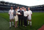 11 April 2011; At the announcement of eircom’s sponsorship of the GAA Football Championship are Uachtarán Cumann Lúthchleas Gael Criostóir Ó Cuana and Carolan Lennon, Chief Commercial Officer, eircom with eircom football ambassadors, from left, John Doyle, Kildare, Donal Shine, Roscommon, former Dublin footballer Ciaran Whelan, Tyrone manager Mickey Harte and Colm Cooper, Kerry. The sponsorship, which is for an initial three years, will see eircom partner the GAA to harness technological advances and new communication channels which will allow football fans experience more, on and off the pitch. Croke Park, Dublin. Picture credit: Stephen McCarthy / SPORTSFILE