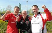 10 April 2011; Ulster supporters Norman Purdy, centre, and his sons Darren, left, and Peter, from Carrickfergus, Co. Antrim, on their way to the game. Heineken Cup Quarter-Final, Northampton Saints v Ulster, stadium:mk, Milton Keynes, Buckinghamshire, England. Picture credit: Oliver McVeigh / SPORTSFILE