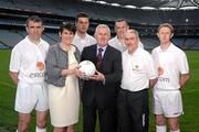 11 April 2011; At the announcement of eircom’s sponsorship of the GAA Football Championship are Uachtarán Cumann Lúthchleas Gael Criostóir Ó Cuana and Carolan Lennon, Chief Commercial Officer, eircom with eircom football ambassadors, from left, John Doyle, Kildare, Donal Shine, Roscommon, former Dublin footballer Ciaran Whelan, Tyrone manager Mickey Harte and Colm Cooper, Kerry. The sponsorship, which is for an initial three years, will see eircom partner the GAA to harness technological advances and new communication channels which will allow football fans experience more, on and off the pitch. Croke Park, Dublin. Picture credit: Stephen McCarthy / SPORTSFILE