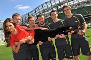15 April 2011; Model Nadia Forde, with Astro Villa players, Christopher Taasse, Stephen Browne, James Browne, Mark Ryan and David Browne, at the  launch of the The Irish Sun FAI 5’s. Aviva Stadium, Lansdowne Road, Dublin. Picture credit: David Maher / SPORTSFILE