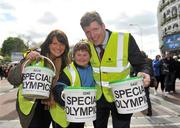 15 April 2011; Special Olympics collectors Sile Maguire, from Marino, centre, Sahra O'Neill, Marketing Communications & Fundraising Director, Special Olympics Ireland, and Jim Barry, CEO of NTR Plc & Chairperson of the National Collection Day Committee, during the Special Olympics Ireland’s annual collection day. This is the biggest annual fundraising event in aid of Special Olympics Ireland. Grafton Street, Dublin. Picture credit: Brian Lawless / SPORTSFILE