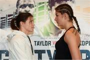 24 November 2016; Boxers Katie Taylor and Karina Kopinska square off following a press conference ahead of the Big City Dreams boxing event at The Landmark Hotel in London, England. Photo by Stephen McCarthy/Sportsfile