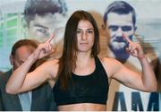 25 November 2016; Katie Taylor during the official weigh-in at the Hilton London Wembley Hotel. She will fight Karina Kopinska in her professional debut on Novemeber 26, 2016 at the Wembley Arena in London, England. Photo by Stephen McCarthy/Sportsfile