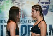 25 November 2016; Katie Taylor and Karina Kopinska square off during the official weigh-in at the Hilton London Wembley Hotel prior to the Big City Dreams boxing event at the Wembley Arena in London, England. Photo by Stephen McCarthy/Sportsfile