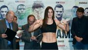 25 November 2016; Katie Taylor during the official weigh-in at the Hilton London Wembley Hotel. She will fight Karina Kopinska in her professional debut on Novemeber 26, 2016 at the Wembley Arena in London, England. Photo by Stephen McCarthy/Sportsfile