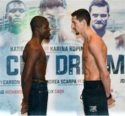 25 November 2016; Ohara Davies, left, and Andrea Scarpa square off during the official weigh-in at the Hilton London Wembley Hotel prior to the Big City Dreams boxing event at the Wembley Arena in London, England. Photo by Stephen McCarthy/Sportsfile