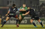 25 November 2016; Jack Carty of Connacht is tackled by Ellis Jenkins, left, and Rhys Gill of Cardiff Blues during the Guinness PRO12 Round 9 match between Connacht and Cardiff Blues at the Sportsground in Galway. Photo by Sam Barnes/Sportsfile