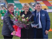 26 November 2016; Republic of Ireland Manager Sue Ronan is presented with a bouquet of flowers and a cyrstal bowl by Niamh O'Donoghue, Chairperson for the Women's Football Committee FAI, left, and Donall Conway, Vice President of the FAI during the International Friendly match between Republic of Ireland WNT and Basque Country at Tallaght Stadium in Tallaght, Co. Dublin.   Photo by Sam Barnes/Sportsfile