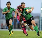 15 April 2011; Ray Ofisa, Connacht, with support from team-mate Troy Nathan, is tackled by Xavier Rush, Cardiff Blues. Celtic League, Connacht v Cardiff Blues, Sportsground, Galway. Picture credit: Barry Cregg / SPORTSFILE