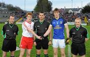 13 April 2011; Referee Shaun McLaughlin, centre, and Linseman, Niall Cullen, left, and standby Referee Barry Cassidy, right, along with Tyrone Captain Peter Harte and Cavan Captain Gearoid McKiernan. Cadbury Ulster GAA Football Under 21 Championship Final, Cavan v Tyrone, Brewster Park, Enniskillen, Co. Fermanagh. Picture credit: Oliver McVeigh / SPORTSFILE