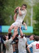 16 April 2011; Colin McDonnell, Dublin University, wins possession for his side in the lineout ahead of Brian Cawley, UCD. 59th Annual Colours match / Ulster Bank League Division 2, Dublin University v UCD, Donnybrook Stadium, Donnybrook, Dublin. Picture credit: Matt Browne / SPORTSFILE