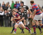 16 April 2011; Hugo Nolan, Clontarf, is tackled by Vinny Soden, Old Belvedere. Ulster Bank League, Division 1, Semi-Final, Old Belvedere v Clontarf, Old Belvedere Rugby Club, Old Anglesea Road, Donnybrook, Dublin. Photo by Sportsfile