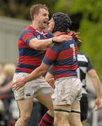 16 April 2011; Barry O'Mahony, right, Clontarf, is congratulated by team-mate Michael Keating after scoring his side's 3rd try. Ulster Bank League, Division 1, Semi-Final, Old Belvedere v Clontarf, Old Belvedere Rugby Club, Old Anglesea Road, Donnybrook, Dublin. Photo by Sportsfile