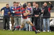 16 April 2011; Barry O'Mahony, Clontarf, on the way to scoring his side's 3rd try. Ulster Bank League, Division 1, Semi-Final, Old Belvedere v Clontarf, Old Belvedere Rugby Club, Old Anglesea Road, Donnybrook, Dublin. Photo by Sportsfile