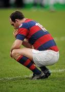 16 April 2011; A dejected Martin Dufficy, Clontarf, at the final whistle. Ulster Bank League, Division 1, Semi-Final, Old Belvedere v Clontarf, Old Belvedere Rugby Club, Old Anglesea Road, Donnybrook, Dublin. Picture credit: Stephen McCarthy / SPORTSFILE