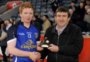 16 April 2011; Cavan's Jack Brady who was presented with the Cadbury Hero of the Match Award by Ken Hanamy, Cadbury. Cadbury GAA All-Ireland Football U21 Championship Semi-Final, Cavan v Wexford, Parnell Park, Dublin. Picture credit: Barry Cregg / SPORTSFILE