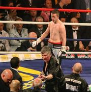 16 April 2011; Paul McCloskey looks dejected as the fight is ended due to the cut he received above the eye. WBA Super Lightweight Title, Paul McCloskey v Amir Khan, MEN Arena, Manchester. Picture credit: Philip Oldham / SPORTSFILE