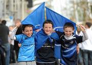 16 April 2011; Leinster supporters, from left, Max Patterson, age 8, from Blackrock, Dublin, Zach Boyle, age 8, from Shankill, Dublin, and Alex O'Keeffe, age 8, from Cabinteely, Dublin, at the game. Celtic League, Leinster v Ulster, RDS, Ballsbridge, Dublin. Picture credit: Stephen McCarthy / SPORTSFILE