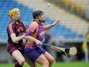 17 April 2011; Ursula Jacob, Wexford, in action against Sarah Dervan, Galway. Irish Daily Star Camogie League, Division 1, Final, Galway v Wexford, Semple Stadium, Thurles, Co. Tipperary. Picture credit: Brian Lawless / SPORTSFILE
