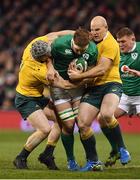 26 November 2016; Iain Henderson of Ireland is tackled by David Pocock, left, and Stephen Moore of Australia during the Autumn International match between Ireland and Australia at the Aviva Stadium in Dublin. Photo by Brendan Moran/Sportsfile