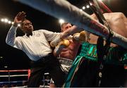 26 November 2016; Referee Jeff Hinds steps in to stop the Eliminator for English Super-Welterweight Championship fight between Ted Cheesman and Lloyd Ellett, right, at Wembley Arena in London, England. Photo by Stephen McCarthy/Sportsfile