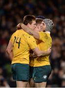 26 November 2016; Dane Haylett-Petty of Australia celebrates with teammate David Pocock after scoring his side's first try during the Autumn International match between Ireland and Australia at the Aviva Stadium in Dublin. Photo by Cody Glenn/Sportsfile