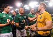 26 November 2016; Ireland captain Rory Best (C) with David Pocock of Australia after the Autumn International match between Ireland and Australia at the Aviva Stadium in Dublin. Photo by Brendan Moran/Sportsfile