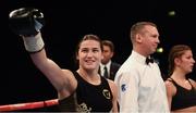 26 November 2016; Katie Taylor celebrates after her Super-Featherweight fight with Karina Kopinska at Wembley Arena in London, England.