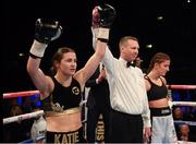 26 November 2016; Katie Taylor is declared the winner of her Super-Featherweight fight with Karina Kopinska at Wembley Arena in London, England. Photo by Stephen McCarthy/Sportsfile.