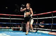 26 November 2016; Katie Taylor celebrates winning her Super-Featherweight fight with Karina Kopinska at Wembley Arena in London, England. Photo by Stephen McCarthy/Sportsfile.