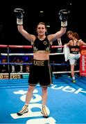 26 November 2016; Katie Taylor celebrates after her Super-Featherweight fight with Karina Kopinska at Wembley Arena in London, England. Photo by Stephen McCarthy/Sportsfile.