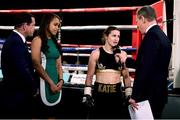26 November 2016; Katie Taylor is interviewed by Sky TV following her Super-Featherweight fight with Karina Kopinska at Wembley Arena in London, England. Photo by Stephen McCarthy/Sportsfile
