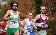 27 November 2016; Mark Christie, right, from Mullingar Harriers, runs alongside three-time reigning winner Mick Clohisey from Raheny Shamrock A.C., on his way to winning the Senior Men's race in the Irish Life Health National Cross Country Championships at the National Sports Campus in Abbotstown, Co Dublin. Photo by Cody Glenn/Sportsfile