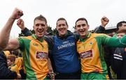 27 November 2016; Manager of Corofin Kevin O'Brien, centre, celebrates with Kieran Fitzgerald, left, and captain Alan Burke at the end of the AIB Connacht GAA Football Senior Club Championship Final game between St Brigid's and Corofin at Páirc Seán Mac Diarmada in Carrick-on-Shannon, Co Leitrim. Photo by David Maher/Sportsfile