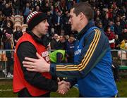 27 November 2016; Corofin manager Kevin O'Brien, right, shakes hands with St Brigid's joint manager Frankie Dolan at the end of the AIB Connacht GAA Football Senior Club Championship Final game between St Brigid's and Corofin at Páirc Seán Mac Diarmada in Carrick-on-Shannon, Co Leitrim. Photo by David Maher/Sportsfile