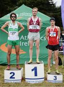 27 November 2016; Top three finishers in the Men's Senior race, from left, second place Mick Clohisey, Raheny Shamrock A.C., Co Dublin, first place Mark Christie, Mullingar Harriers, Co Westmeath, and third place Mark Hanrahan, Leevale A.C., Co Cork, during the Irish Life Health National Cross Country Championships at the National Sports Campus in Abbotstown, Co Dublin. Photo by Cody Glenn/Sportsfile