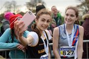27 November 2016; Second place finisher Amy Rose-Farrell, Blackrock A.C., takes a selfie with first place Sophie Murphy, Dundrum South Dublin A.C., after finishing the Junior Women's race during the Irish Life Health National Cross Country Championships at the National Sports Campus in Abbotstown, Co Dublin.  Photo by Cody Glenn/Sportsfile