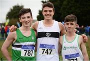 27 November 2016; Top three finishers in the Under 16 Boys' race, from left, second place Conor Maguire, Monaghan Phoenix A.C., first place Louis O'Loughlin, Donore Harriers, and third place Christopher O'Reilly, Togher A.C., during the Irish Life Health National Cross Country Championships at the National Sports Campus in Abbotstown, Co Dublin. Photo by Cody Glenn/Sportsfile