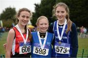 27 November 2016; Top three finishers in the Under 14 Girls' race, from left, second place Cara Lafferty, City of Derry A.C., first place Amy Hayde, Newport A.C., and third place Aine Kirwan, Thompsontown A.C., during Irish Life Health National Cross Country Championships at the National Sports Campus in Abbotstown, Co Dublin. Photo by Cody Glenn/Sportsfile