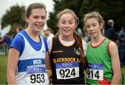 27 November 2016; Top three finishers in the Under 16 Girls' race, from left, Lucy Holmes, West Waterford A.C., first place Sarah Healy, Blackrock A.C., and third place Saoirse O'Brien, Westport A.C., during the Irish Life Health National Cross Country Championships at the National Sports Campus in Abbotstown, Co Dublin. Photo by Cody Glenn/Sportsfile
