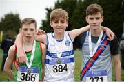 27 November 2016; Top three finishers in the Under 14 Boys' race are, from left, second place Malcolm McEvilly, Westport A.C., first place William Fox, Castlecomer A.C., and third place Morgan Clarkson, Dundrum South Dublin A.C., in the Irish Life Health National Cross Country Championships at the National Sports Campus in Abbotstown, Co Dublin. Photo by Cody Glenn/Sportsfile