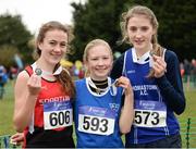 27 November 2016; Top three finishers in the Under 14 Girls' race, from left, second place Cara Lafferty, City of Derry A.C., first place Amy Hayde, Newport A.C., and third place Aine Kirwan, Thompsontown A.C., during Irish Life Health National Cross Country Championships at the National Sports Campus in Abbotstown, Co Dublin. Photo by Cody Glenn/Sportsfile