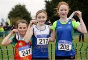 27 November 2016; Top three finishers in the Under 12 Girls' race, from left, second place Lauren Madine, East Down A.C., first place Sophie Quinn, Ratoath A.C., and third place Keelin Collins, Celtic DCH A.C., during the Irish Life Health National Cross Country Championships at the National Sports Campus in Abbotstown, Co Dublin. Photo by Cody Glenn/Sportsfile