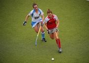 16 April 2011; Stephaine Quinn, Pegasus, in action against Leigh Pelow, UCD. ESB Electric Ireland Women's Irish Senior Cup Semi-Final, UCD v Pegasus, National Hockey Stadium, UCD, Belfield, Dublin. Picture credit: Stephen McCarthy / SPORTSFILE