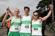 17 April 2011; Winners of the Masters Men Road Relay, from left, Mick Traynor, James Kelly and Damien Kelly, Raheny Shamrocks A.C. Woodie’s DIY Road Relay Championships of Ireland. Raheny, Dublin. Picture credit: Tomas Greally / SPORTSFILE